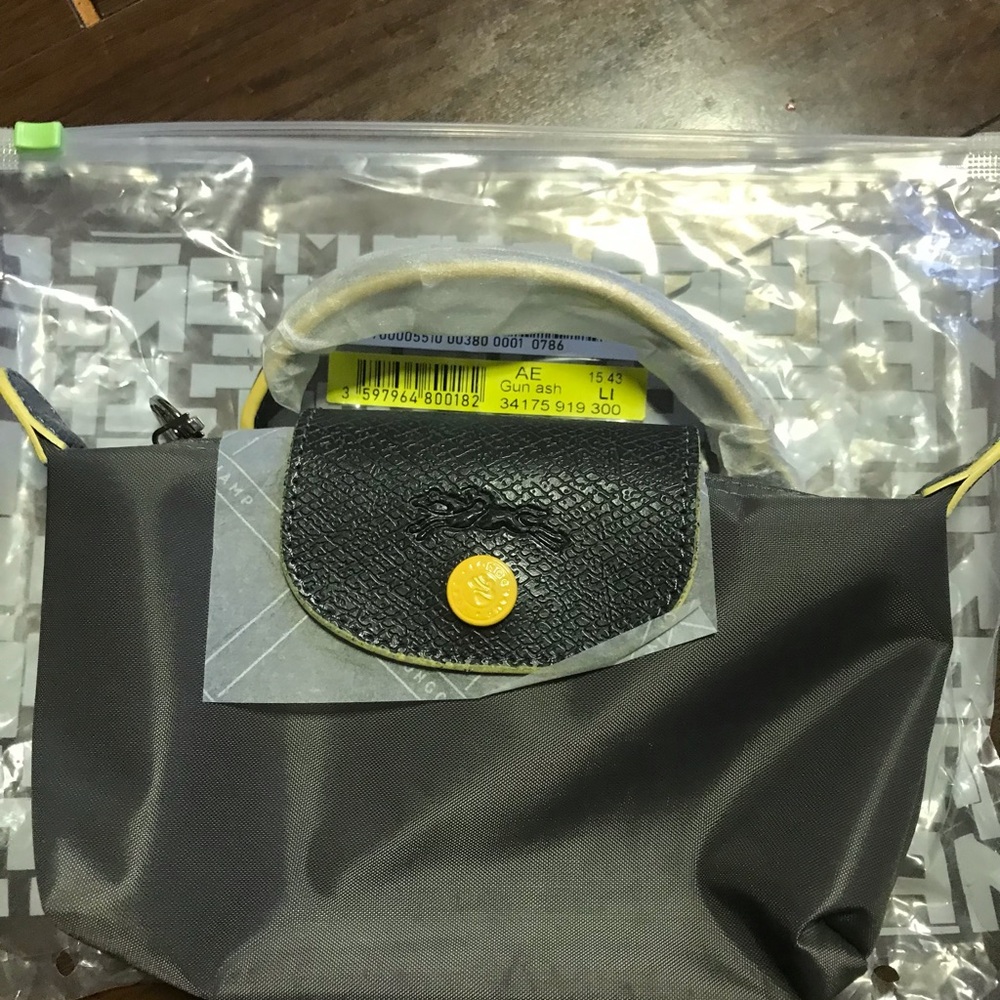 Longchamp Mini Foldable Tote in Gun Ash with Yellow Trim